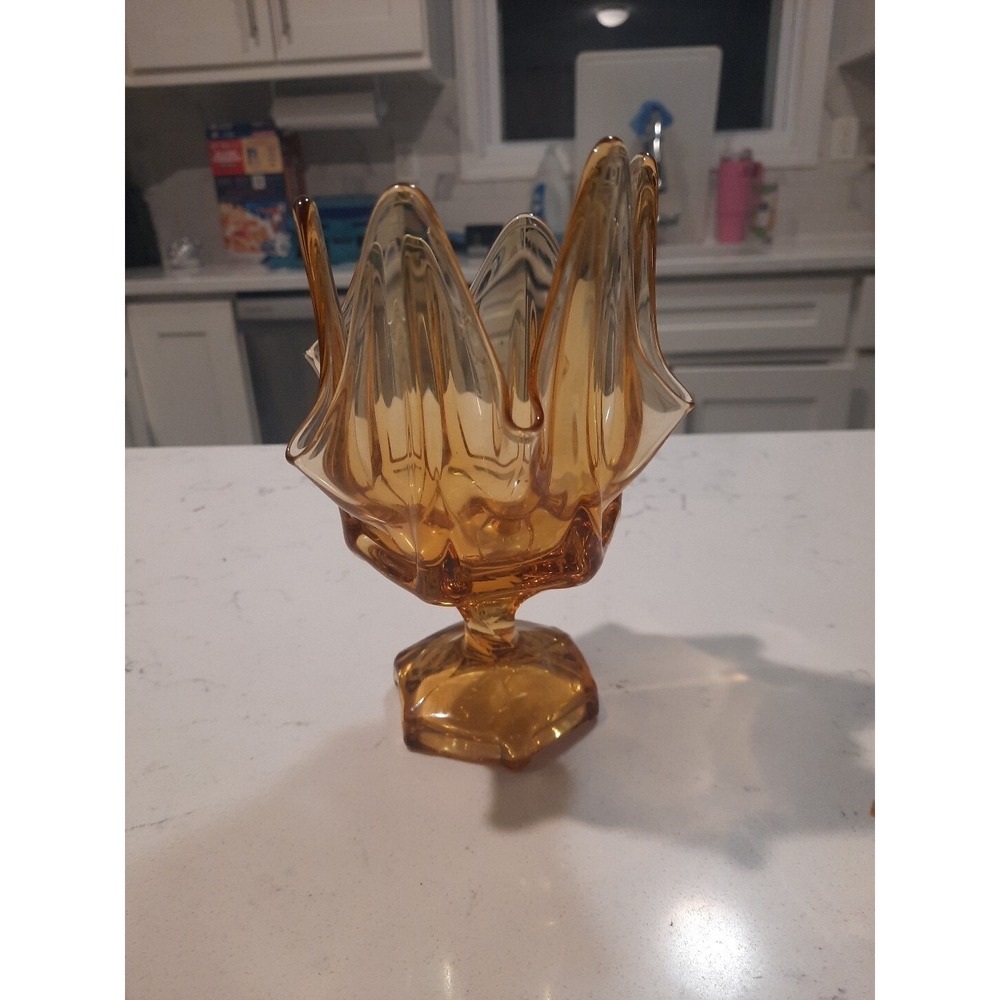 Vintage Viking Glass Vase Amber Epic Six Petal Pedestal Handkerchief 6.5" Tall